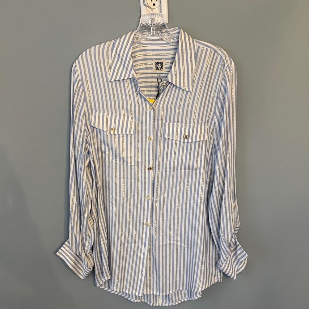 Anne Klein Blue and White Striped Button-Down Shirt